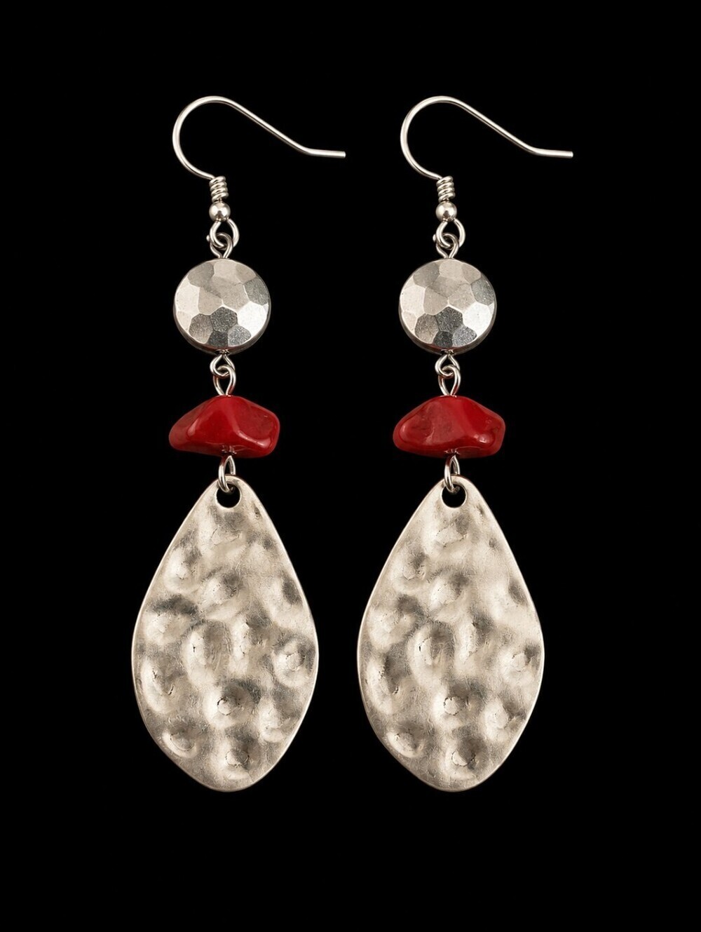 VTG Hammered Metal Coral Bead Dangle Hook Earrings